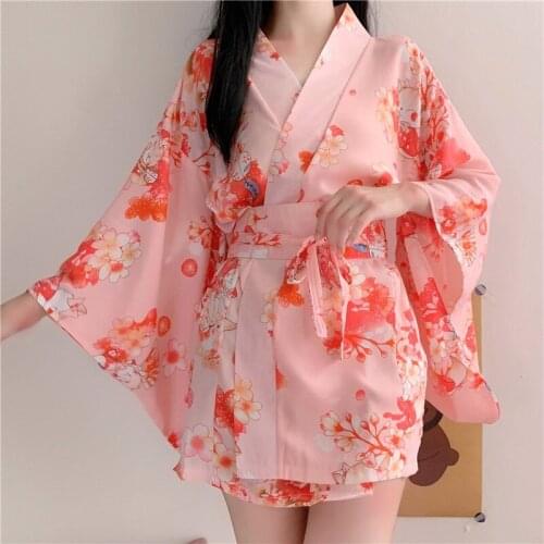 Japanese Kimono Cherry Blossom Sweet Cute Yukata Night Gown Outside Wear Home Service V-neck Sexy Nightgown Women Summer