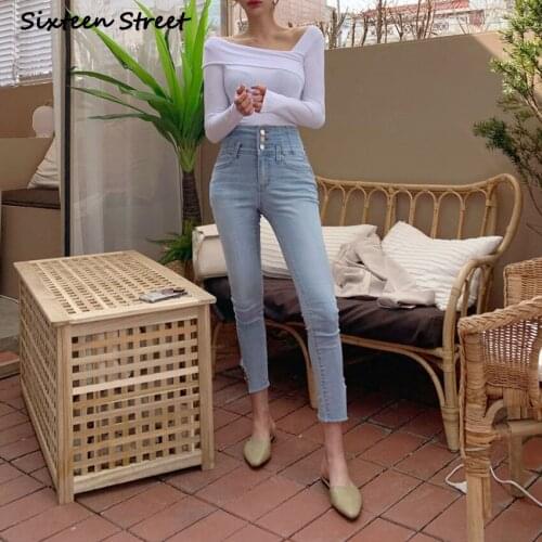 Womens High Waist Jeans New Button Skinny Jeans Stretch Chic Hole Side Design Korean Vintage Clothes Y2K Pants Aesthetic 2020