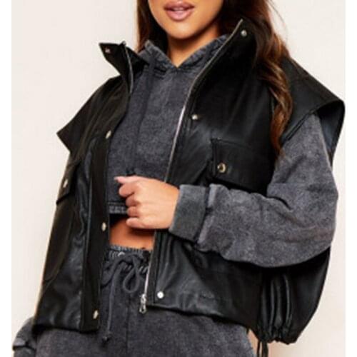 Elina Casual Stand Collar Vests Women Vogue Black PU Leather Pockets Coats Women Elegant Drawstring Short Vests Female Ladies