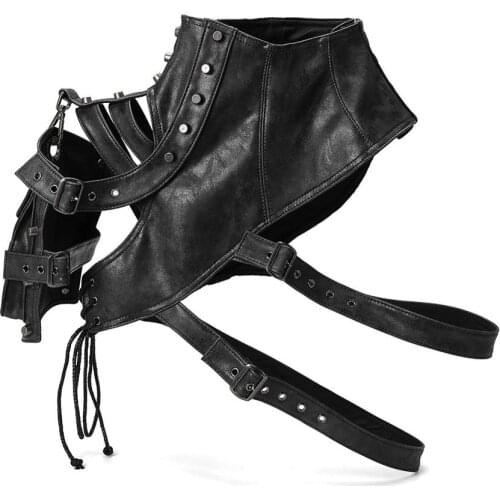 Grey Riveted & Buckled Leather High Collar One Shoulder Steampunk Armor Sleeve Vintage Corset Gothic Clothes Accessories Women
