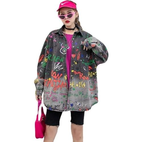 2021 Spring And Autumn Letter figure crow denim jacket women fashion loose denim shirt Y587