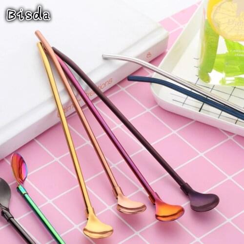 8 Pcs Long Handle Stainless Steel Drinking Straw with Spoon Cocktail Smoothies Stirrer Strainer Tea Party with 2 Cleaner Brushes