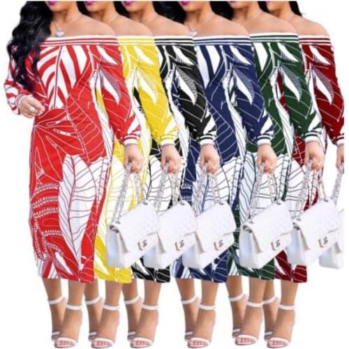 African Dresses For Women Autumn Printed Leaves Slash Neck Crochet Mid Calf Dress Casual Bohemian Mid-Calf African Dress Vestid