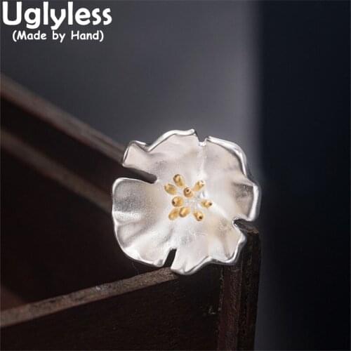 Uglyless Neutral Flower Pins for Men Real 925 Silver Floral Suits Dress Jewelry Glossy Silver 925 Silver Women Brooches Handmade