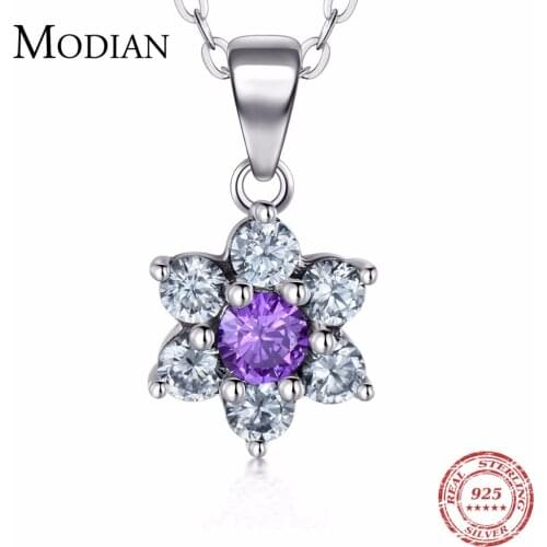 Modian 100% Real 925 Sterling Silver Flowers Pendant Fashion Purple Crystal CZ Simple Necklace For Women engagement Jewelry