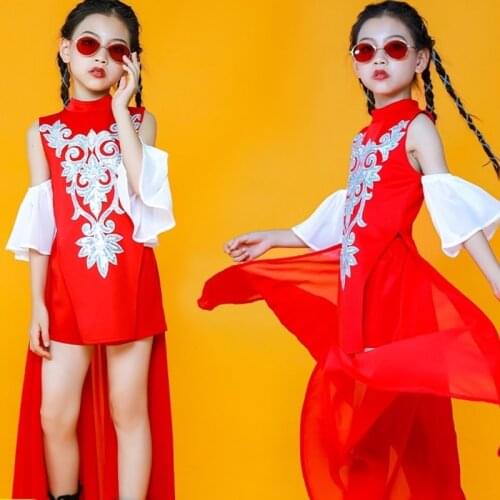 Children Jazz Performance Stage Costumes Red Outfits Chinese Style Hip Hop Dance Clothes For Girls Festival Rave Clothes DN9323