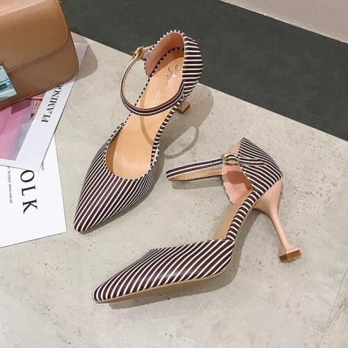 Elegant Girls' High Heels New Women Female Sexy Stiletto High Heels Fashion Stripes Pointed Buckle Bridesmaid Shoes W37-75