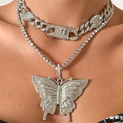 2Pcs/Set Luxury Iced Out Crystal Butterfly Pendant Necklace Set Female Rhinestone Cuban Link Chain Choker Necklace Party Jewelry
