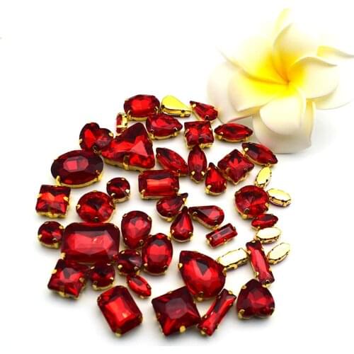 Red Color Gold Claw Mix Size Shape Glass Crystal Sew on Rhinestones DIY Clothing Bag Decoration