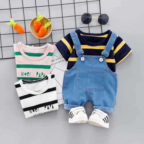 Summer Baby Girls Boys Clothing Casual Toddler Infant Clothes Kids Striped T-Shirt Bib Pants Clothes Suits Children Costume