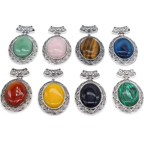 Natural Stone Rose Quartzs Lapis Lazuli Pendant Vintage Oval Stone Charms for Jewelry Making DIY Necklace Size 47x70mm