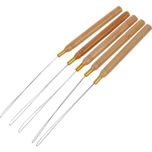 NEW-5Pcs Wooden Handle Hair Extensions Loop Needle Threader Pulling Tool