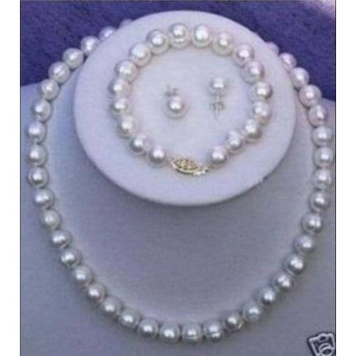 New 9-10mm SOUTH SEA White Pearl Necklace Bracelet Earring Set Jewelry E85 ^^^@^Noble style Natural Fine jewe