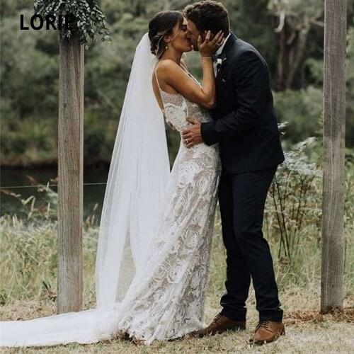 LORIE Charming Open Back Lace Wedding Dresses Bohemian Bridal Gowns Sleeveless Spaghetti Straps Champagne Bride Dress Customize