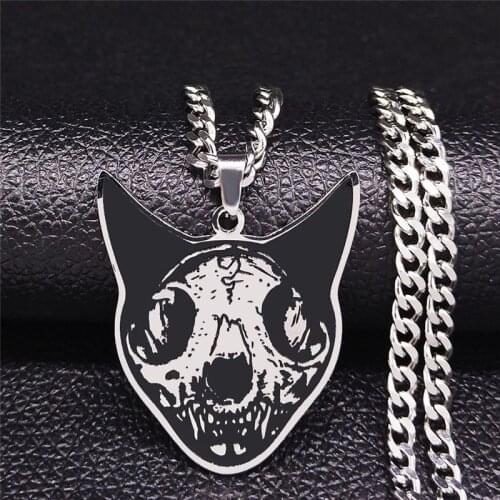 Fashion Goth Cat Head Skull Stainless Steel Chain Necklace Women Black Silver Color Necklace Jewelry collares de mujer N4033S02