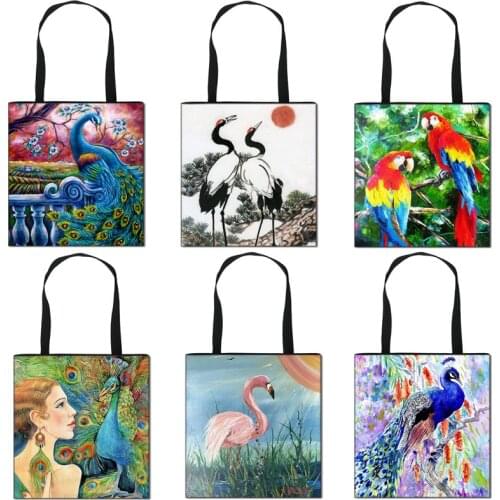 Peacock / swan / crane / parrot Print Shoulder Bag for Travel Women Handbags Girls Casual Totes Bags Ladies Storage Shopping Bag