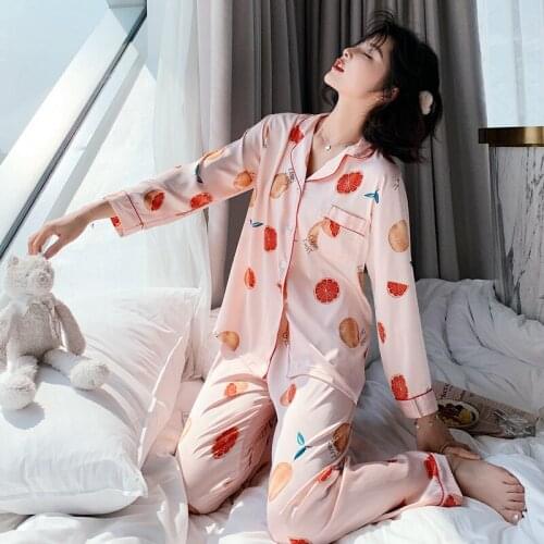 Spring and Autumn New Pajamas Womens Thin Imitation Silk Printed Long Sleeve Trousers Ice Silk Two Piece Suit Home Clothes