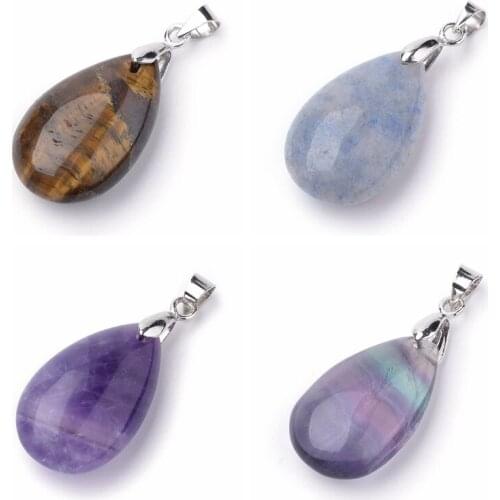 Natural TigerEye AquamarineQuartz AmethystStone Stone Pendants, with Alloy Findings, Drop, 23~24x14x8mm, Hole: 4x5mm