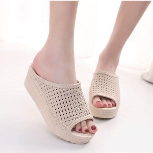 Slippers 2021 Slope Heel Slippers Womens Summer Leisure PVC Beach Muffin High Heel Slippers Woman Slipper And Sandals