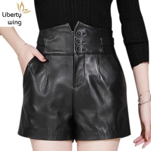 Top Quality Women Genuine Leather Sheepskin Slim Fit Drawstring Solid Black High Waist Streetweat Sashes Female Shorts