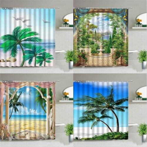 Ocean Natural Scenery Shower Curtains Palm Tree Mediterranean Landscape Background Wall Decor Bathroom Bathtub Screen With Hooks