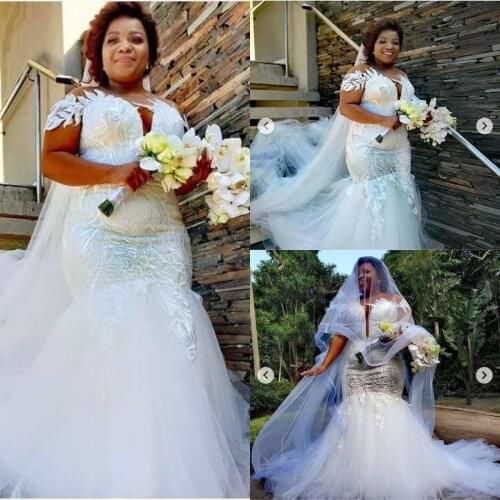 African Plus Size Mermaid Wedding Dresses Lace Appliqued Bridal Gowns Sheer Jewel Neck Illusion Short Sleeves Luxury Aso Ebi