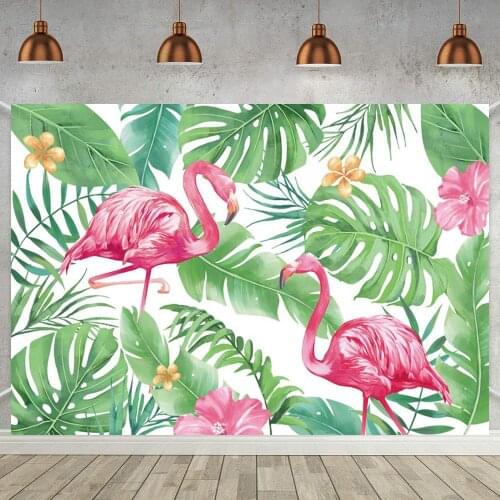 Flamingo Theme Kids Birthday Photo Background Summer Hawaiian Vacation Style Backdrop Tropical Palms Tree Home Decor Poster