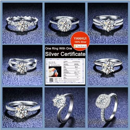 YANHUI With Certificate Silver 925 Ring Women Wedding Band 18K White Gold Color Luxury Zirconia Diamond Engagement Ring Gift