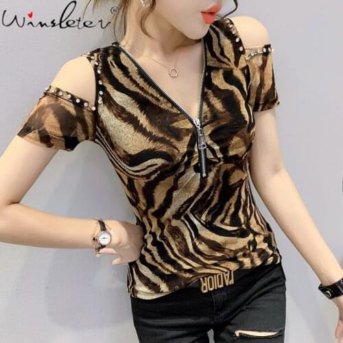 Summer European Clothes T-Shirt Chic Mesh Off Shoulder V-Neck Zipper Shiny Rivet Women Tops All Match Short Sleeve Tees T16711A