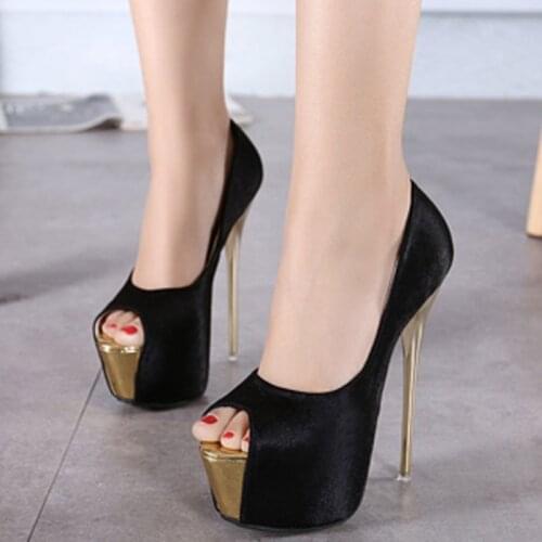 Women sandals Flock Slip On 16CM Thin Heels High heels Peep Toe Shallow waterproof women shoes sandalias mujer 2020 size 35-42