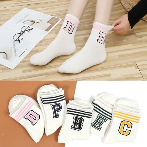 Women Socks Nice Gift 1Pair Letter Pattern Mid Tube Socks Comfortable Three Bars Breathable College Style Cotton Sock