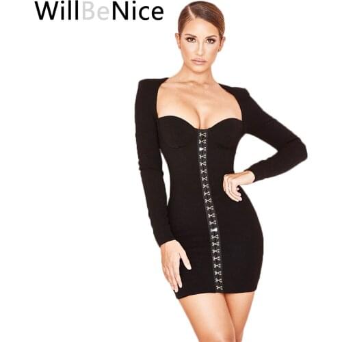 WillBeNice Black Square Neck Dress Bandage Long Sleeve Bodycon Party Dress 2019 Wrap Bandage Bodycon Dresses Bodysuit Women