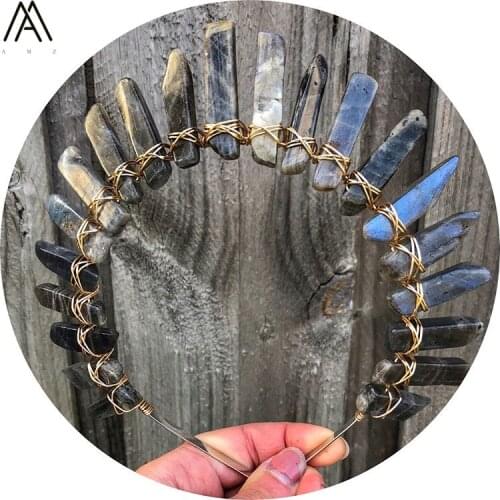 Gold Wire Wrapped Labradorite Stone Point Tiara Crown Fashion Women Stone Crown Headband Hair Jewelry Accessories HG031AMCI