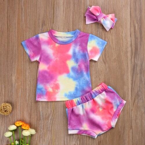 3pcs Infant Baby Girls Tie Dye Printed Short Sleeve Pullover T-Shirts + Shorts +Headband Summer Clothes Sets