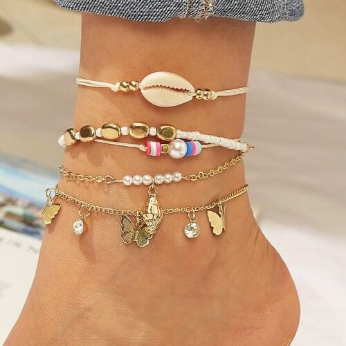 5pcs/set Boho Beach Seashell Imitation Pearl Beaded Butterfly Pendant Anklets For Women Fashion Hand-weave Anklet Foot Jewelry