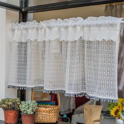 White Lace Short Curtains for Cabinet Kitchen Valance Tier Double Layer Pom-Pom Cafe Hotel Farmhouse Doorway Half Window Drapes