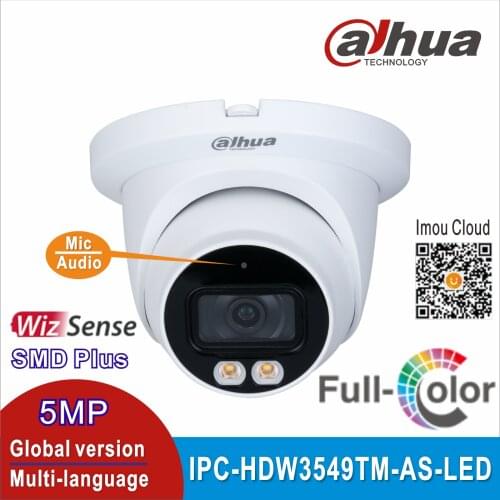 Free shipping Dahua New Full color IP Camera 5MP WizSense IPC-HDW3549TM-AS-LED built-in Mic Warm LED Eyeball Network poe Camera