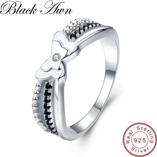 [BLACK AWN] Trendy 2.8g 925 Sterling Silver Jewelry Black Spinel Butterfly Engagement Rings for Women Bijoux C479