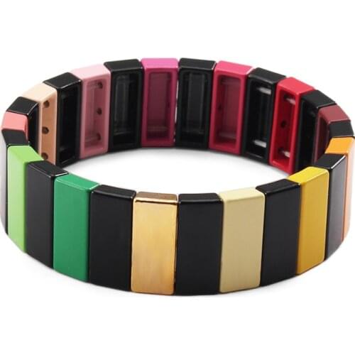 Enamel Tile Beads Bracelet Stackable Rainbow Strech Bangle for Women Bracelet Valentines day Girlfriend Gifts