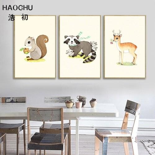 HAOCHU Nordic Squirrel Elk Sloth Star Cute Animal Canvas Poster Childrens Boys girls Room Wall Decorative Painting Unframed