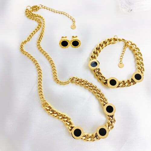 316L Stainless Steel Luxury Brand Roman Numerals Black Round Necklace Earrings Bracelet Set Thick Chain Hip Hop Jewelry Set