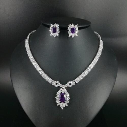 2019new fashion luxury purple square zircon necklace earring set,wedding bridel dinner party banquet dress jewelry free shipping