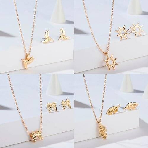 Luxury Gold Color Necklace Set For Women Unicorn Elephant Butterfly Angel Wings Pendant Necklace Earring Fashion Jewelry Set