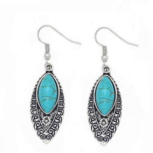 Fashion Retro Alloy Carved Drop Earrings Classsic Bohemia Style Blue Stone Dangle Earring Jewelry for Women Party Best Gift