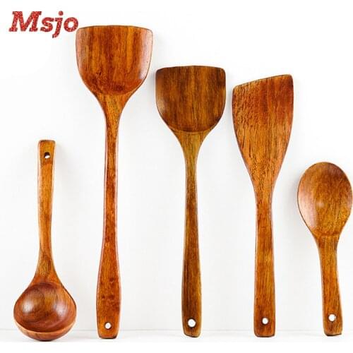 Msjo 5pcs Wooden Utensils Set Natural Kemu Wooden Cooking Utensils Spatula Non-stick Kitchenware Large Soup Spoon Cooking Spoon