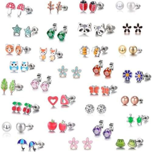 30 Pairs Stainless Steel Mixed Animals Heart Star Ladybug Bee Frog Mushroom Tree Daisy Umbrella Stud Earrings Set Kids X4YA