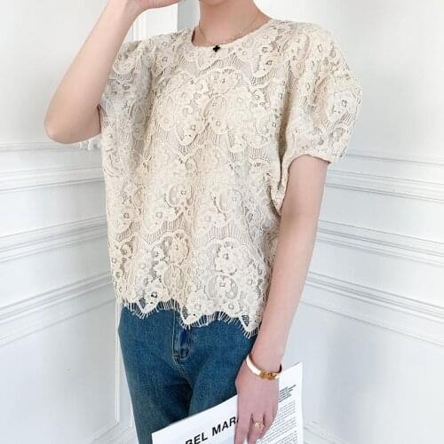 2021 Summer New Transparent Lace O-Neck Short-Sleeved Top Sexy Hollow T-Shirt Fashion Casual Womens Top