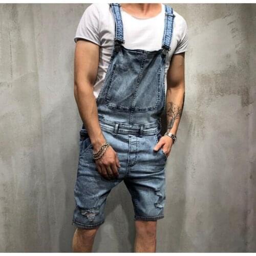 New Men Jeans Jumpsuits Shorts Street Distressed Denim Bib Overalls Men Oversize Suspender Pant Streetwear Mens Jeans