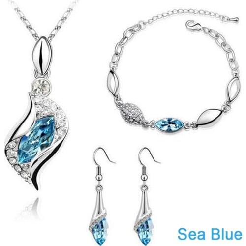 New Arrival Silver colorJewelry Sets Luxury Water Drop Blue Pink Clear Cubic Zircon Crystal Necklace Bracelet Earrings Jewelry