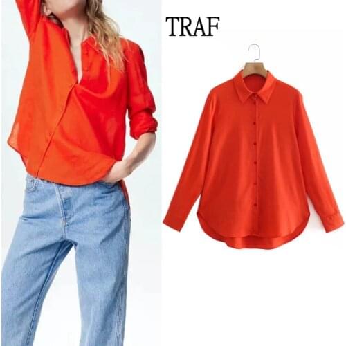TRAF Za 2021 Orange Womens Shirts Spring Autumn Long Sleeve Shirt Women Solid Color Button Elegant Bloues Loose Woman Clothing
